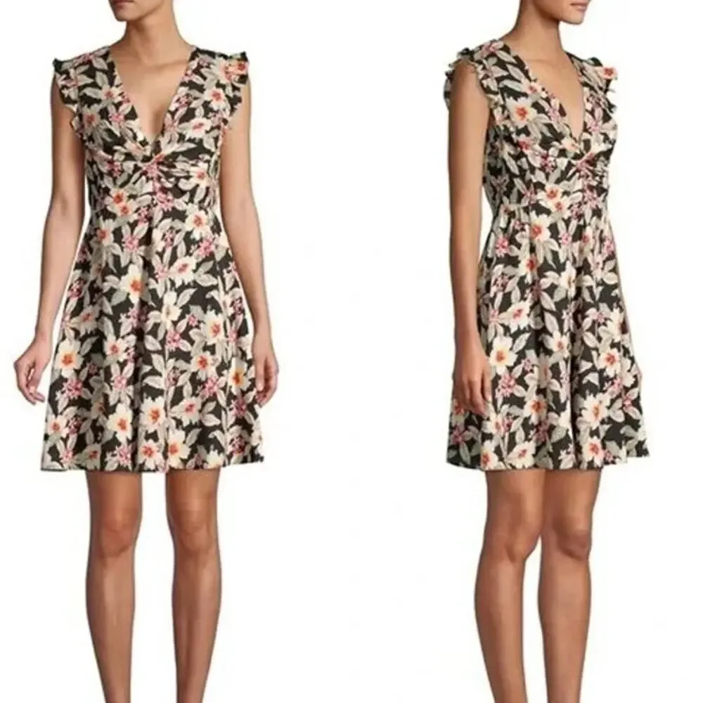 Rebecca Taylor Kamea Fleur Silk V-Neck Floral Mini Dress Smocked Flutter Y2K